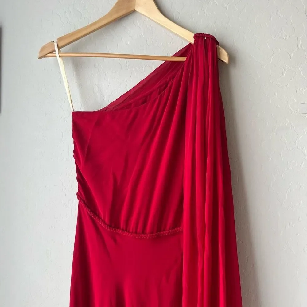 Naeem Khan Red 100% Silk Draped One-Shoulder Braided Waist‎ Chiffon Gown Size 4 - Picture 3 of 13